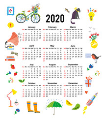 Calendar 2020 with cute home objects and lifestyle. Vector graphic illustration