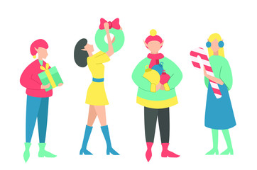 A team of elves carry gifts for the new year 2020. Vector illustration isolated on white background. Christmas card, picture, poster. Flat design teamwork