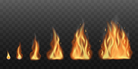 Realistic fire flames set vector illustration isolated on transparent background. © sabelskaya