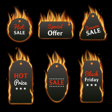 Burning price tag clothing label set with realistic fire and words