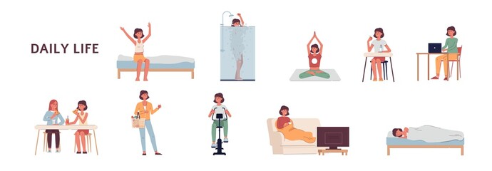 Daily life of a woman set - cartoon girl on her everyday routine