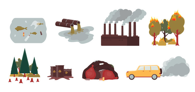 Environment pollution and ecology disaster set - isolated vector illustration
