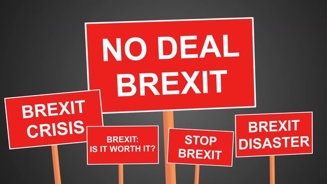 Brexit placards animated on coloured loop background. Brexit crisis concept. 4k