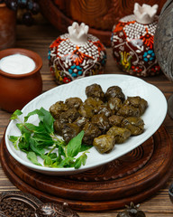 Stufffed grape leaves dolma served with garlic yoghurt