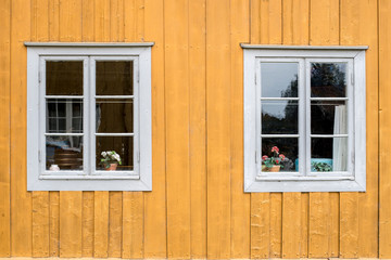 windows of a yellow house 