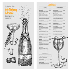 Cocktail bar menu design template set in retro style Isolated on gray background. Hand drawn glass and bottle champagne. Vintage wine card. Alcohol beverage symbol.