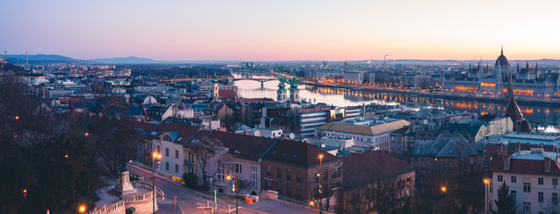 Panorama of Budapest city center with the Parliment, Margaret Bridge, Margaret Island
