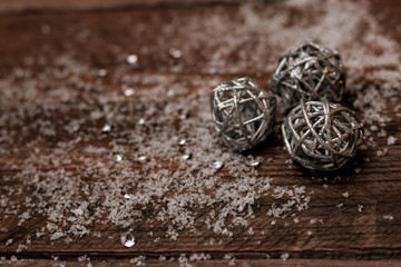christmas decoration on a wooden table with snow