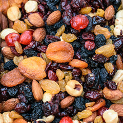 Background from an assortment of nuts and dried fruits.