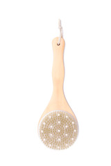 Wooden massage brush on a white isolated background.