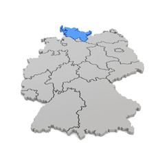 3d Illustation - Deutschlandkarte in grau mit Fokus auf Schleswig-Holstein in blau - 16 Bundesländer