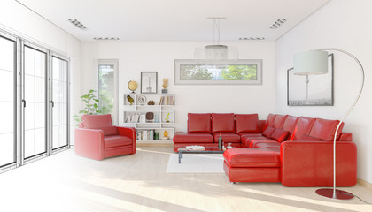 3d Illustation - Modernes Loft mit großen Fenster - Helles Wohnzimmer mit einer roten großen Couch - Wireframe