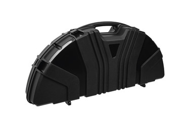 Modern shockproof plastic case for compound bow. Plastic black case with soft foam inside isolate on white background.
