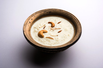 Rice Kheer or Firni or Khir is a pudding from Indian subcontinent, made by boiling milk ,sugar and Rice. Served in a bowl