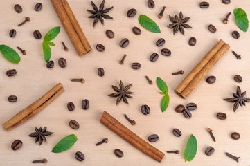 Coffee beans and aromatic spices.