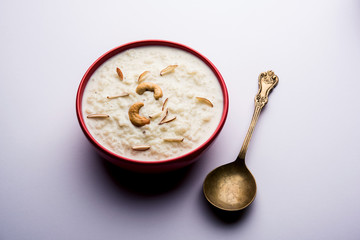 Rice Kheer or Firni or Khir is a pudding from Indian subcontinent, made by boiling milk ,sugar and Rice. Served in a bowl