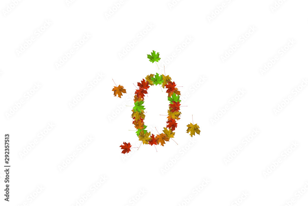 Fototapete number zero made with autumn leaves isolated on white. fall concept. organic digits from 0 to 9