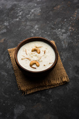 Rice Kheer or Firni or Chawal ki Khir is a pudding from Indian subcontinent, made by boiling milk ,sugar and Rice. Served in a bowl