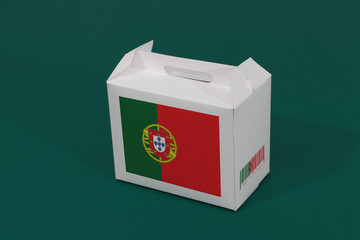 Portugal flag on white box with barcode and the color of nation flag on green background. The...