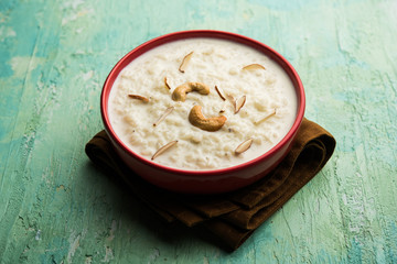 Rice Kheer or Firni or Chawal ki Khir is a pudding from Indian subcontinent, made by boiling milk ,sugar and Rice. Served in a bowl