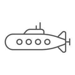 Military submarine thin line icon, marine and military, army sub sign, vector graphics, a linear pattern on a white background.
