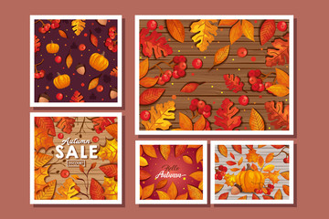 set backgrounds of autumn with leafs decoration