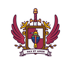 Classic coat of arms in modern line style vector. Shield and bird. Wings with long sword. Wooden shield framing and crest. Family insignia, heraldic elements and banner for motto. 