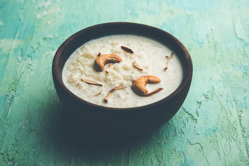 Rice Kheer or Firni or Chawal ki Khir is a pudding from Indian subcontinent, made by boiling milk ,sugar and Rice. Served in a bowl