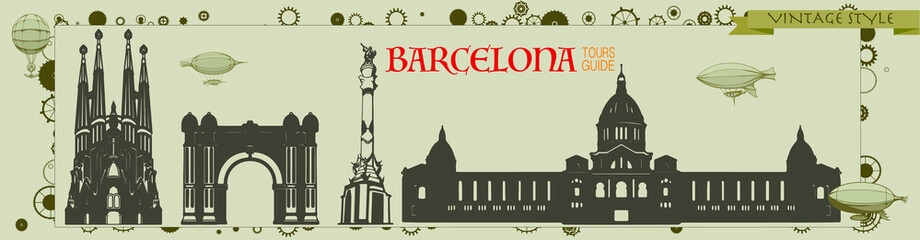 Barcelona silhouette, vector skyline illustration, clouds, Sagrada Familia, collage icon, city panorama river