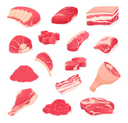 Set fragments of pork, beef meat. Assortment of meat slices.