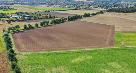 Oblique aerial photograph of an ungrown field with pentagonal geometry at the edge of an avenue with trees on a country road.