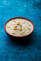 Rice Kheer or Firni or Chawal ki Khir is a pudding from Indian subcontinent, made by boiling milk ,sugar and Rice. Served in a bowl