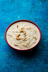Rice Kheer or Firni or Chawal ki Khir is a pudding from Indian subcontinent, made by boiling milk ,sugar and Rice. Served in a bowl