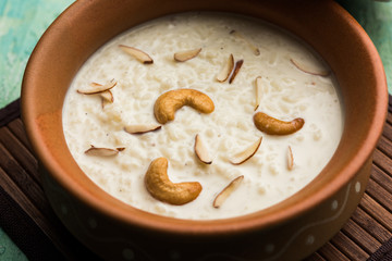 Rice Kheer or Firni or Chawal ki Khir is a pudding from Indian subcontinent, made by boiling milk ,sugar and Rice. Served in a bowl