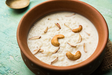 Rice Kheer or Firni or Chawal ki Khir is a pudding from Indian subcontinent, made by boiling milk ,sugar and Rice. Served in a bowl