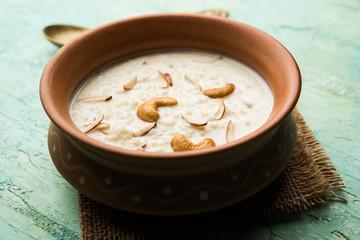 Rice Kheer or Firni or Chawal ki Khir is a pudding from Indian subcontinent, made by boiling milk ,sugar and Rice. Served in a bowl