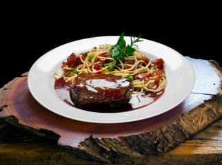 Filet mignon with  pasta and barbecue sauce