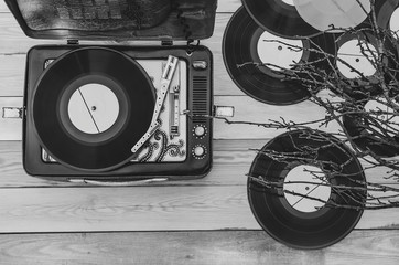 Vintage record player and vinyl records