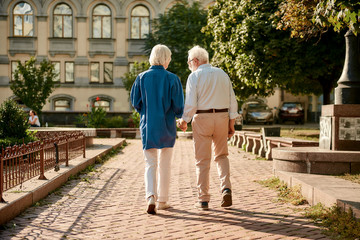 Fototapeta na wymiar Back view of elderly couple holding hands while walking together outdoors