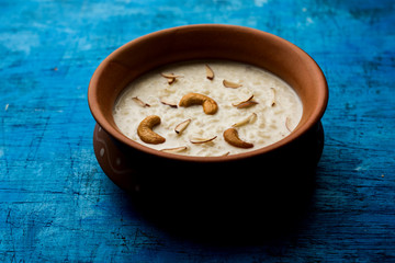 Rice Kheer or Firni or Chawal ki Khir is a pudding from Indian subcontinent, made by boiling milk ,sugar and Rice. Served in a bowl