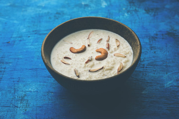 Rice Kheer or Firni or Chawal ki Khir is a pudding from Indian subcontinent, made by boiling milk ,sugar and Rice. Served in a bowl