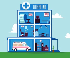 Hospital or healthcare clinic rooms interiors the flat vector illustration.