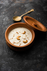Rice Kheer or Firni or Chawal ki Khir is a pudding from Indian subcontinent, made by boiling milk ,sugar and Rice. Served in a bowl