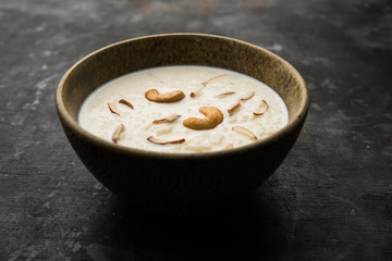 Rice Kheer or Firni or Chawal ki Khir is a pudding from Indian subcontinent, made by boiling milk ,sugar and Rice. Served in a bowl