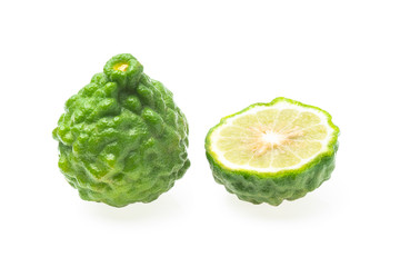 Fresh bergamot fruit and half piece isolated on white background ( Kaffir lime, Citrus, Rutaceae. )