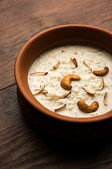 Rice Kheer or Firni or Chawal ki Khir is a pudding from Indian subcontinent, made by boiling milk ,sugar and Rice. Served in a bowl