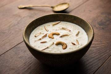 Rice Kheer or Firni or Chawal ki Khir is a pudding from Indian subcontinent, made by boiling milk ,sugar and Rice. Served in a bowl