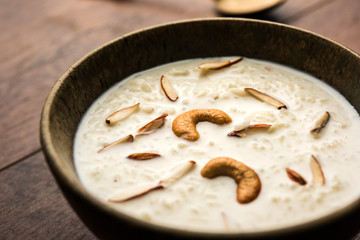 Rice Kheer or Firni or Chawal ki Khir is a pudding from Indian subcontinent, made by boiling milk ,sugar and Rice. Served in a bowl