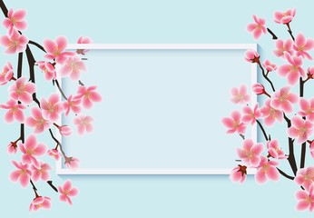 Naklejka na ściany i meble Cherry blossom card template with realistic pink sakura branches