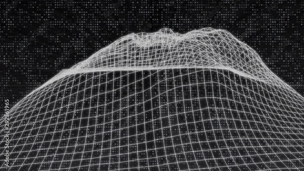 Aufkleber 4K Animation Abstract Wireframe Analysis Spin Mountain. Glow Futuristic Geometric Hill Structure Pattern 3D Rendering Seamless Loop Footage.